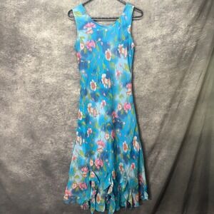 Y2K Nikky Fairy Midi Dress Size M Blue Pink Floral Chiffon Sleeveless Ruffle Hem